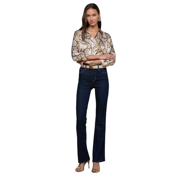 L’AGENCE Ruth High Rise Straight Jeans Size 29 Dark Wash Raw Hem Stretch Denim - Picture 1 of 5